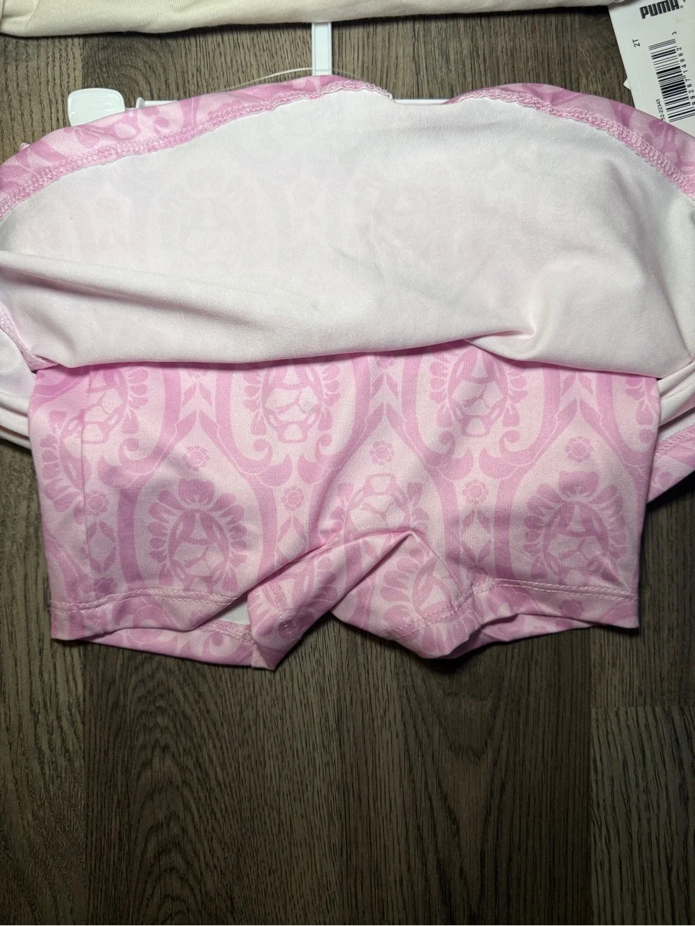 Puma Cream Top with Pink Logo & Pink Patterned Shorts Kids Pajama Set